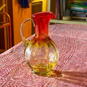 Vintage Blenko antique blown crackle glass small pitcher, Amberina